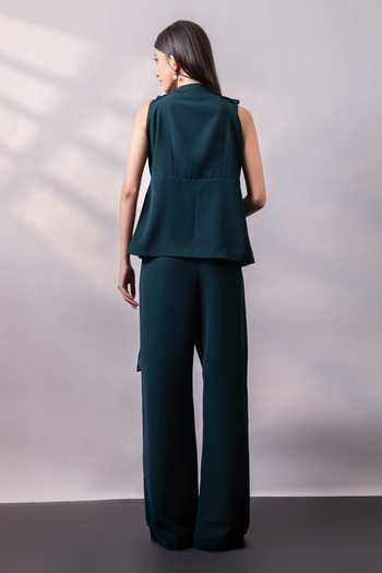 Shop_Smriti By Anju Agarwal_Emerald Green Asymmetric , Square Cascade Embellished Top Pant Set _at_Aza_Fashions