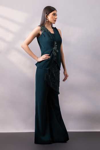 Shop_Smriti By Anju Agarwal_Emerald Green Asymmetric , Square Cascade Embellished Top Pant Set _Online_at_Aza_Fashions