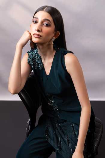 Smriti By Anju Agarwal_Emerald Green Asymmetric , Square Cascade Embellished Top Pant Set _at_Aza_Fashions