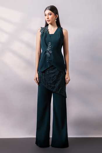 Buy_Smriti By Anju Agarwal_Emerald Green Asymmetric , Square Cascade Embellished Top Pant Set 