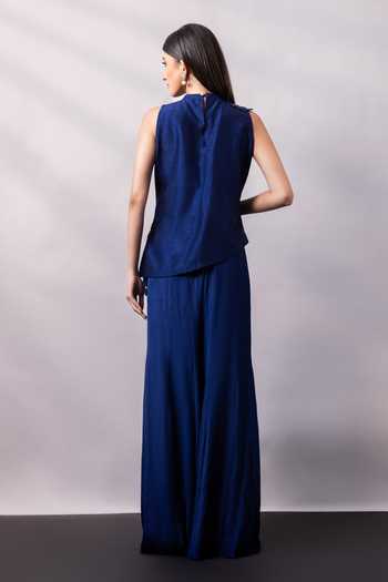 Shop_Smriti By Anju Agarwal_Sapphire Silk, Chinon Halter Neck, Indigo Lustre Embellished Top With Pant _at_Aza_Fashions