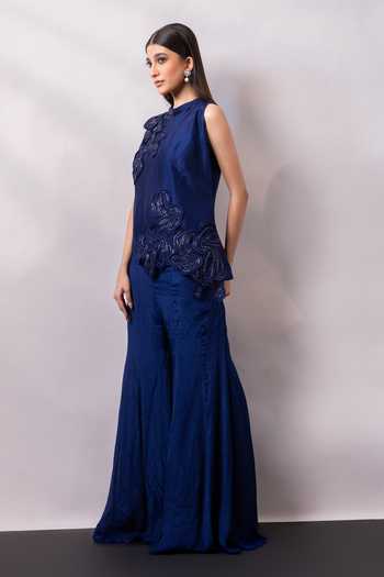 Shop_Smriti By Anju Agarwal_Sapphire Silk, Chinon Halter Neck, Indigo Lustre Embellished Top With Pant _Online_at_Aza_Fashions