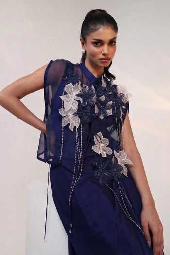 Smriti By Anju Agarwal_Navy Organza, Chinon Collared Neck Petal String Embellished Jacket With Gown _Online_at_Aza_Fashions