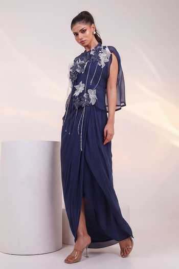 Buy_Smriti By Anju Agarwal_Navy Organza, Chinon Collared Neck Petal String Embellished Jacket With Gown _Online_at_Aza_Fashions