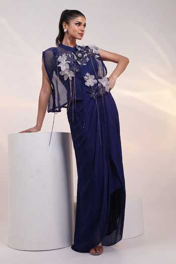 Buy_Smriti By Anju Agarwal_Navy Organza, Chinon Collared Neck Petal String Embellished Jacket With Gown _at_Aza_Fashions