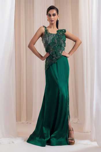 Buy_Smriti By Anju Agarwal_Emerald Green Silk, Organza Merlot Veil Sequin Embellished Draped Top With Skirt _at_Aza_Fashions
