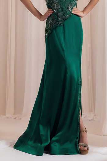 Smriti By Anju Agarwal_Emerald Green Silk, Organza Merlot Veil Sequin Embellished Draped Top With Skirt _Online_at_Aza_Fashions