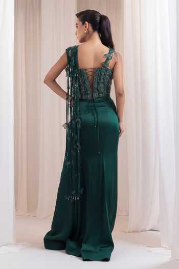 Shop_Smriti By Anju Agarwal_Emerald Green Silk, Organza Merlot Veil Sequin Embellished Draped Top With Skirt _at_Aza_Fashions