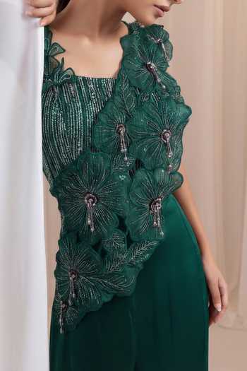 Buy_Smriti By Anju Agarwal_Emerald Green Silk, Organza Merlot Veil Sequin Embellished Draped Top With Skirt _Online_at_Aza_Fashions