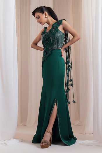 Smriti By Anju Agarwal_Emerald Green Silk, Organza Merlot Veil Sequin Embellished Draped Top With Skirt _at_Aza_Fashions