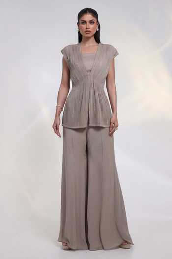 Buy_Smriti By Anju Agarwal_Beige Silk, Chinon Beads V-neck Stellar Pleated Overlay And Pant Set _at_Aza_Fashions