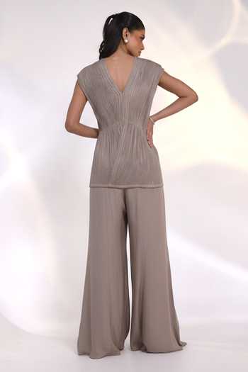 Shop_Smriti By Anju Agarwal_Beige Silk, Chinon Beads V-neck Stellar Pleated Overlay And Pant Set _at_Aza_Fashions