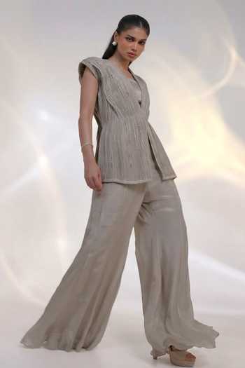 Smriti By Anju Agarwal_Beige Silk, Chinon Beads V-neck Stellar Pleated Overlay And Pant Set _Online_at_Aza_Fashions