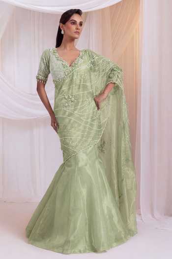 Buy_Smriti By Anju Agarwal_Green Organza, Tissue V-neck Chanteloire Blouse And Draped Lehenga Set _at_Aza_Fashions
