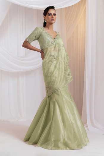 Smriti By Anju Agarwal_Green Organza, Tissue V-neck Chanteloire Blouse And Draped Lehenga Set _Online_at_Aza_Fashions