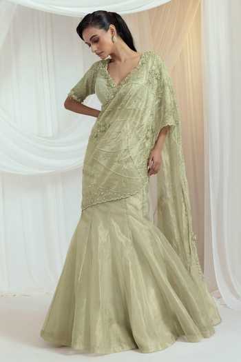 Buy_Smriti By Anju Agarwal_Green Organza, Tissue V-neck Chanteloire Blouse And Draped Lehenga Set _Online_at_Aza_Fashions