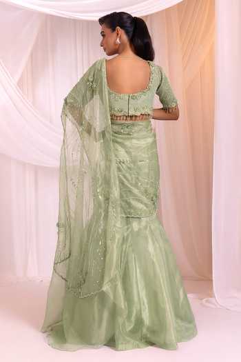 Shop_Smriti By Anju Agarwal_Green Organza, Tissue V-neck Chanteloire Blouse And Draped Lehenga Set _at_Aza_Fashions
