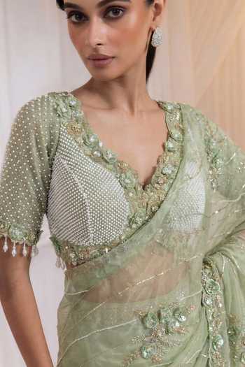 Shop_Smriti By Anju Agarwal_Green Organza, Tissue V-neck Chanteloire Blouse And Draped Lehenga Set _Online_at_Aza_Fashions