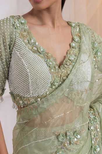 Smriti By Anju Agarwal_Green Organza, Tissue V-neck Chanteloire Blouse And Draped Lehenga Set _at_Aza_Fashions