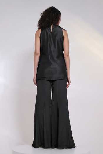 Shop_Smriti By Anju Agarwal_Black Silk, Chinon High Neck Terra Leaf Applique Top With Pant _at_Aza_Fashions