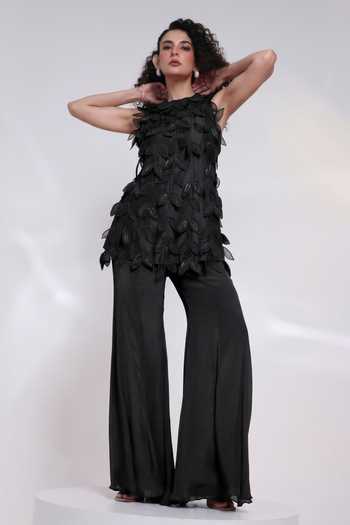 Buy_Smriti By Anju Agarwal_Black Silk, Chinon High Neck Terra Leaf Applique Top With Pant _at_Aza_Fashions