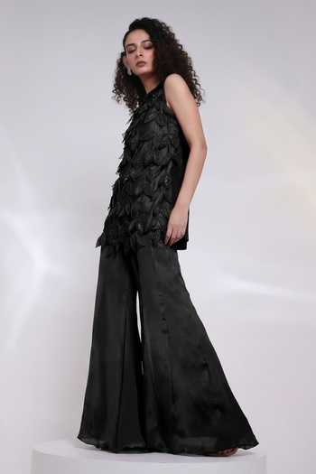 Buy_Smriti By Anju Agarwal_Black Silk, Chinon High Neck Terra Leaf Applique Top With Pant _Online_at_Aza_Fashions