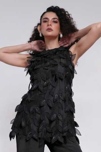 Smriti By Anju Agarwal_Black Silk, Chinon High Neck Terra Leaf Applique Top With Pant _at_Aza_Fashions