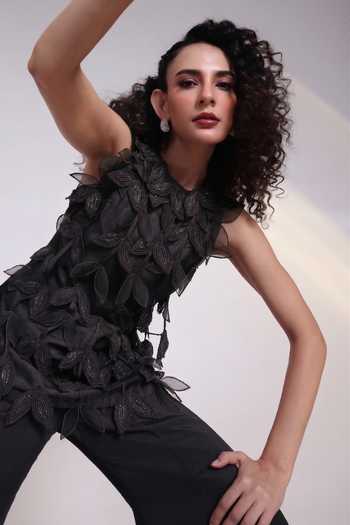Buy_Smriti By Anju Agarwal_Black Silk, Chinon High Neck Terra Leaf Applique Top With Pant 