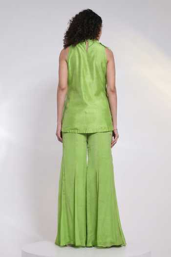 Shop_Smriti By Anju Agarwal_Green Silk, Chinon Leaf Neck Terra Applique Top With Pant _at_Aza_Fashions