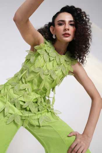 Smriti By Anju Agarwal_Green Silk, Chinon Leaf Neck Terra Applique Top With Pant _Online_at_Aza_Fashions