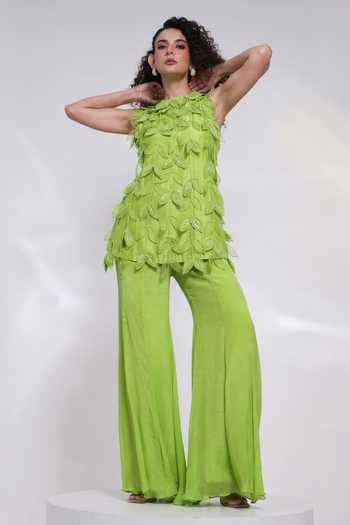 Buy_Smriti By Anju Agarwal_Green Silk, Chinon Leaf Neck Terra Applique Top With Pant _at_Aza_Fashions