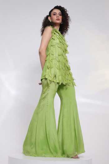 Buy_Smriti By Anju Agarwal_Green Silk, Chinon Leaf Neck Terra Applique Top With Pant _Online_at_Aza_Fashions