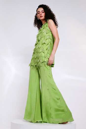 Shop_Smriti By Anju Agarwal_Green Silk, Chinon Leaf Neck Terra Applique Top With Pant _Online_at_Aza_Fashions