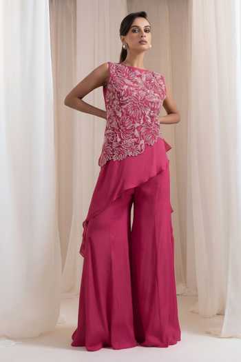 Buy_Smriti By Anju Agarwal_Pink Chinon Round Neck Citrine Flair Cutwork Top And Pant Set _at_Aza_Fashions