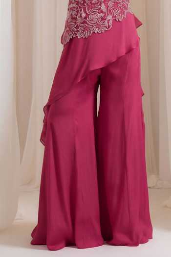 Smriti By Anju Agarwal_Pink Chinon Round Neck Citrine Flair Cutwork Top And Pant Set _Online_at_Aza_Fashions