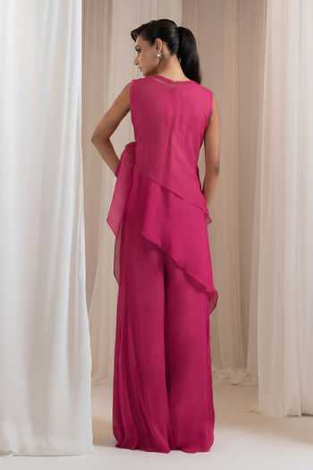 Shop_Smriti By Anju Agarwal_Pink Chinon Round Neck Citrine Flair Cutwork Top And Pant Set _at_Aza_Fashions