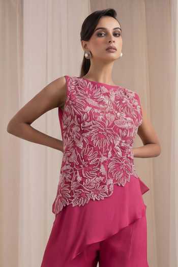 Buy_Smriti By Anju Agarwal_Pink Chinon Round Neck Citrine Flair Cutwork Top And Pant Set _Online_at_Aza_Fashions