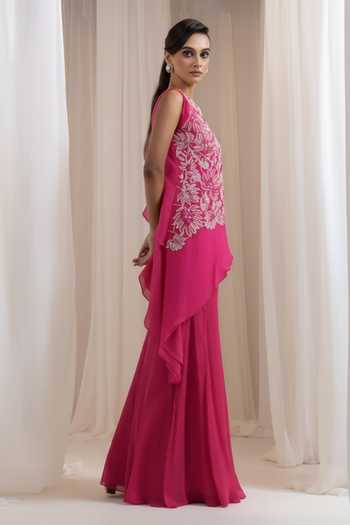 Shop_Smriti By Anju Agarwal_Pink Chinon Round Neck Citrine Flair Cutwork Top And Pant Set _Online_at_Aza_Fashions