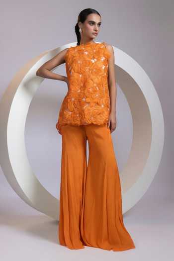 Smriti By Anju Agarwal_Orange Crepe, Organza, Chinon High Neck Saffron Bloom Jacket Pant Set _Online_at_Aza_Fashions