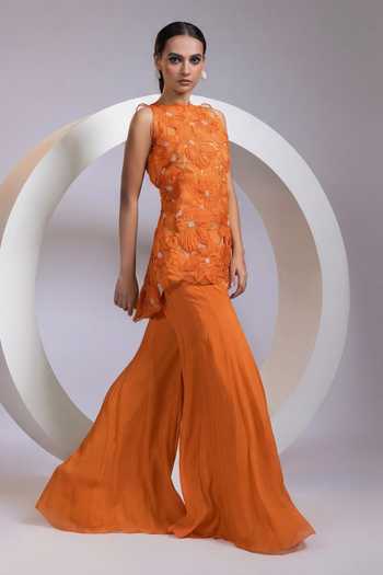 Buy_Smriti By Anju Agarwal_Orange Crepe, Organza, Chinon High Neck Saffron Bloom Jacket Pant Set _Online_at_Aza_Fashions