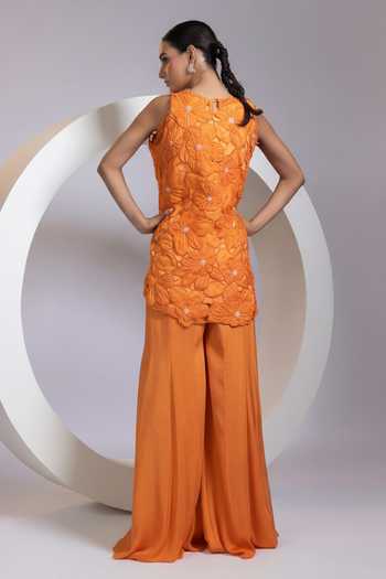 Shop_Smriti By Anju Agarwal_Orange Crepe, Organza, Chinon High Neck Saffron Bloom Jacket Pant Set _at_Aza_Fashions