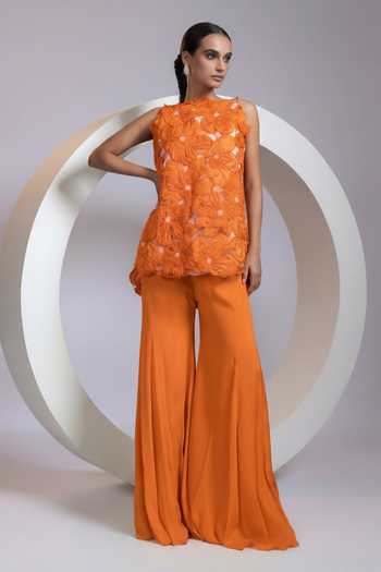 Buy_Smriti By Anju Agarwal_Orange Crepe, Organza, Chinon High Neck Saffron Bloom Jacket Pant Set _at_Aza_Fashions