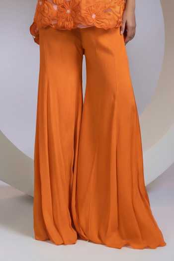 Shop_Smriti By Anju Agarwal_Orange Crepe, Organza, Chinon High Neck Saffron Bloom Jacket Pant Set _Online_at_Aza_Fashions
