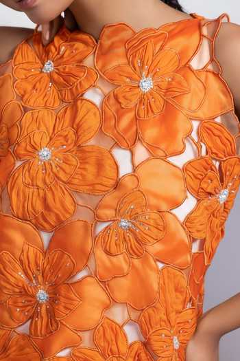 Smriti By Anju Agarwal_Orange Crepe, Organza, Chinon High Neck Saffron Bloom Jacket Pant Set _at_Aza_Fashions