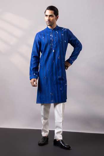 Buy_Smriti By Anju Agarwal_Blue Chanderi Silk Cobalt Veil Embellished Kurta Set _at_Aza_Fashions