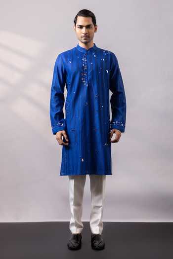 Smriti By Anju Agarwal_Blue Chanderi Silk Cobalt Veil Embellished Kurta Set _Online_at_Aza_Fashions