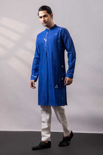 Buy_Smriti By Anju Agarwal_Blue Chanderi Silk Cobalt Veil Embellished Kurta Set _Online_at_Aza_Fashions