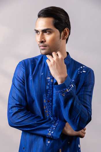 Shop_Smriti By Anju Agarwal_Blue Chanderi Silk Cobalt Veil Embellished Kurta Set _Online_at_Aza_Fashions