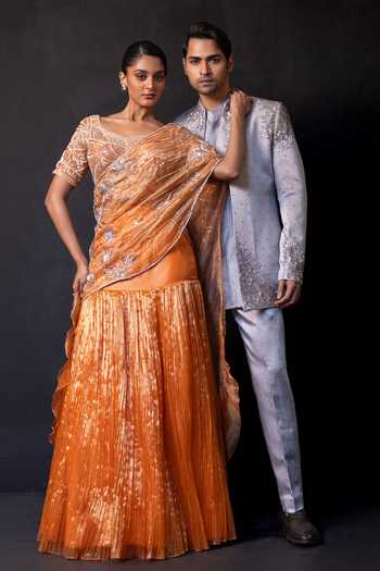 Smriti By Anju Agarwal_Silver Satin, Linen, Chanderi Silk Beads, Onyx Reign Embroidered Bandhgala Set _Online_at_Aza_Fashions