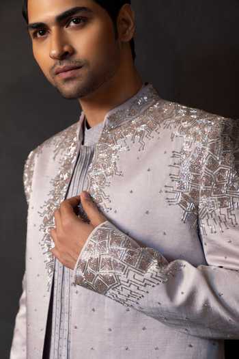 Smriti By Anju Agarwal_Silver Satin, Linen, Chanderi Silk Beads, Onyx Reign Embroidered Bandhgala Set _at_Aza_Fashions